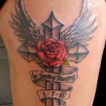 Cross Tattoo With Rose and Scroll