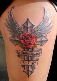 Cross Tattoo With Rose and Scroll